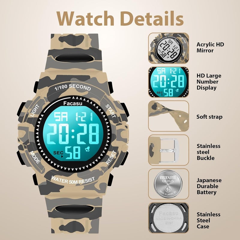 Facasu Store Camo Sports Watch for Boys-Waterproof Kids Digital Watch with Light, Alarm&Snooze,Stopwatch Military Design Silicone Band Gift for Birthdays,Christmas Outdoor Activities(8+ Years) - Image 4